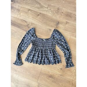 AMERICAN EAGLE m Smocked Tiered floral blue eyelet lace peplum long sleeved top